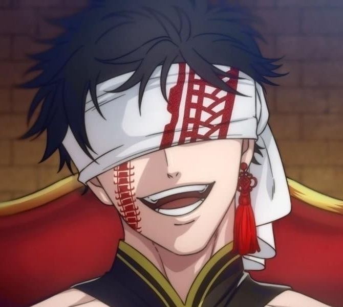 an anime character with black hair and red eyeliners wearing a white headband