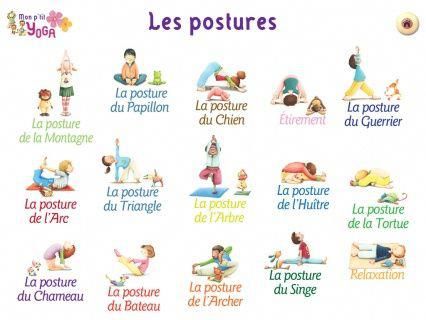 the french poster shows people doing different yoga poses, including one woman and two children