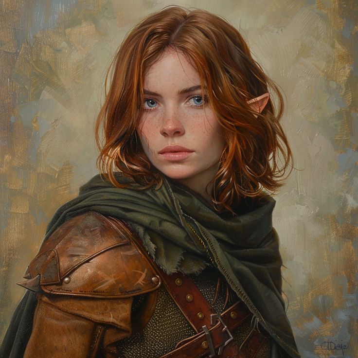 a painting of a woman with red hair wearing a brown leather jacket and green scarf