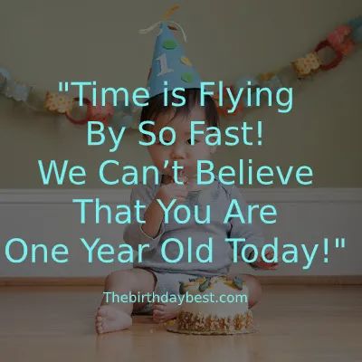 a baby sitting on the floor with a birthday cake in front of him and saying time is flying by so fast we can't believe that you are one year old today