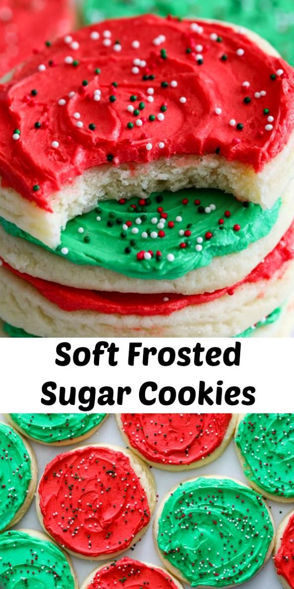 soft frosted sugar cookies with red, green and white frosting are stacked on top of each other