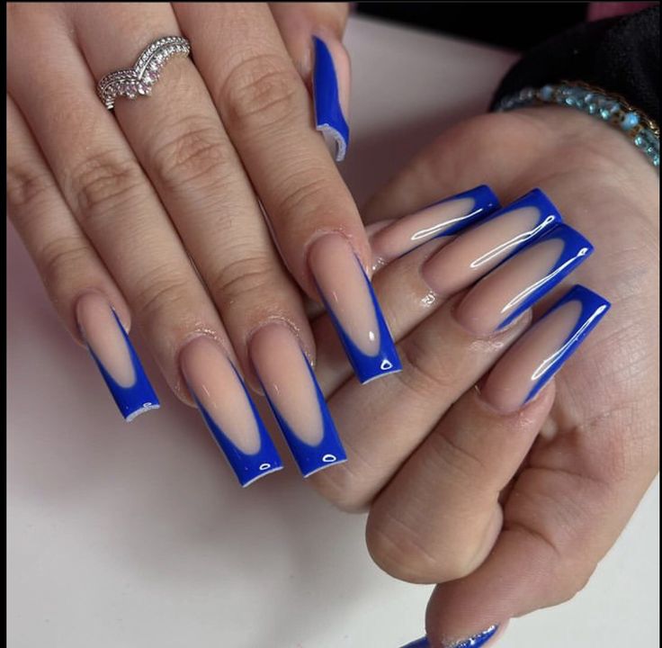 Royal Blue French Tip Nails, Winter Nail 2023, Cute Blue Nails, Navy Blue Nail Designs, Blue French Tips, Navy Blue Nails, Natural Nail Designs, Tapered Square Nails, Blue Acrylic Nails