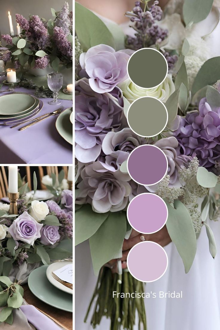 the wedding table is set with purple flowers and greenery in shades of lilac