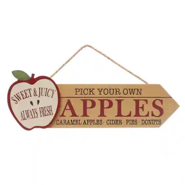 a wooden sign with an apple hanging from it's side and the words pick your own apples