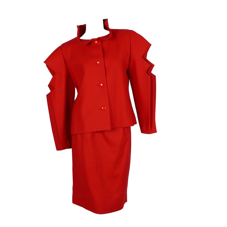 PIERRE CARDIN Prestige intage red skirt suit. Blazer has stunning cut-out accordion sleeves, rigid collar turned up and button fastening. Straight skirt with zip closure. Both jacket and skirt are fully lined. Label reads PIERRE CARDIN Prestige Paris Made in France. Size labels read 42. Please pay attention to measurements. Composition label is not present (supposed to be wool or wool blend). Blazer indicative measurements taken laid flat (double bust) : shoulder approx. 40 cm (15.75 inches) / b Suits Outfits, Vintage Suits, Red Skirt, Wool Skirt, Red Skirts, Straight Skirt, Red Wool, Wool Skirts, Pierre Cardin