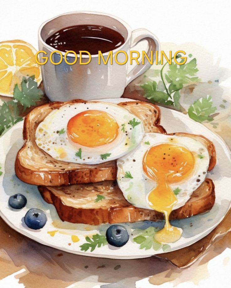 two fried eggs are on toast with blueberries and orange slices next to a cup of coffee