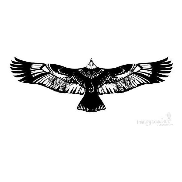 a black and white drawing of a bird with its wings spread out, it's head