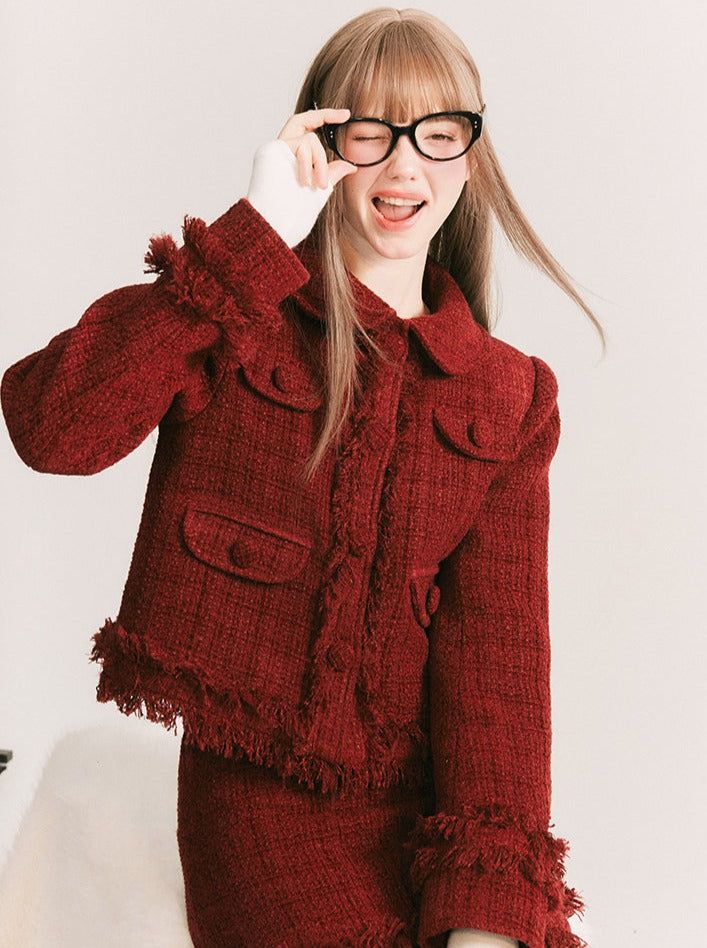 ❤Little Cherry Tweed Jacket + Tweed Tight Skirt❤︎
 Please allow 3-4 weeks for delivery. Fall Tweed Dress With Pockets, Winter Tweed Skirt Suit With Long Sleeves, Wool Skirt Suit For Fall, Fall Tweed Long Sleeve Skirt Suit, Cherry Skirt, Half Skirt, Winter Skirt, Red Skirts, Wool Suit