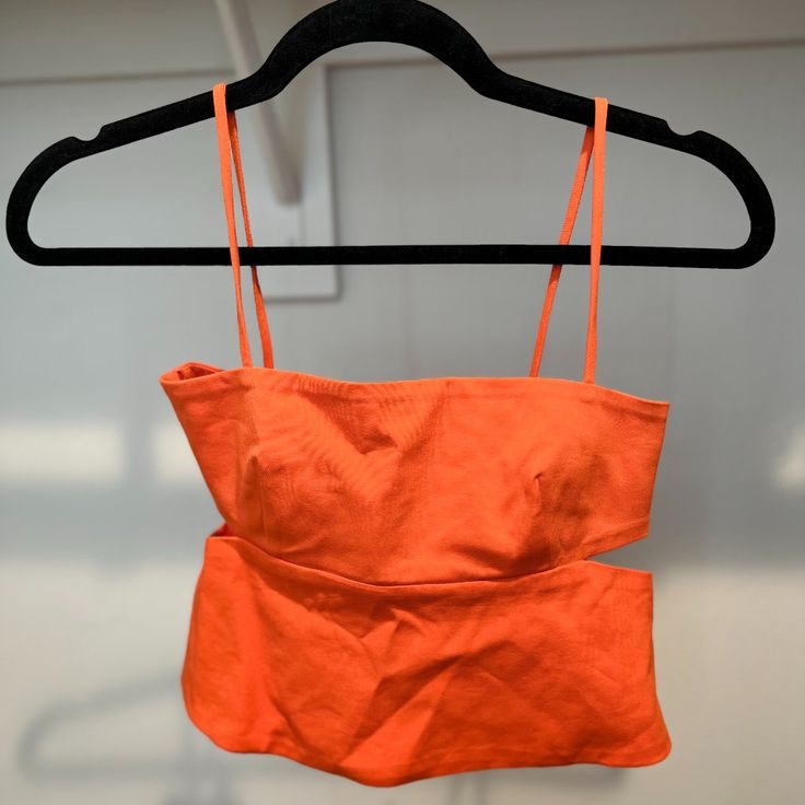 Zara Orange Crop Tank Top With Cut Out Sides Never Worn Just Needs To Be Ironed Size Xs Fitted Cutout Beach Crop Top, Fitted Cutout Crop Top For Beach, Party Cami Tops For Beach Season, Chic Cropped Orange Top, Casual Tops For Night Out At Beach Season, Casual Crop Top For Night Out And Beach Season, Casual Crop Top For Beach Season And Night Out, Sleeveless Cutout Crop Top For Summer, Spring Cutout Crop Top