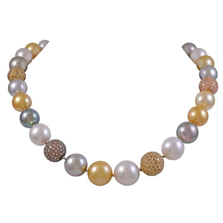 South Sea Multi Color Pearl Necklace with Chocolate and White Diamond Ball Stations12-16 mm 12.00 Total Weight in Diamonds Color Pearl Necklace, Multicolor Pearl Necklace, Diamond Ball, Magnificent Jewels, Necklaces Beaded, Multi Necklace, Pearl And Diamond Necklace, Vintage Beads Necklace, Bling Necklace