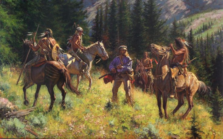 an oil painting of men on horses in the mountains with trees and grass behind them