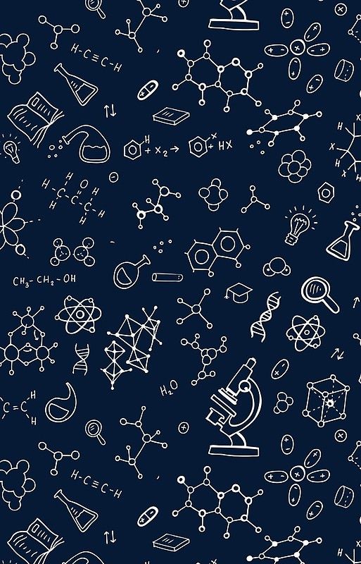 a blue and white background with many different types of science related objects on it's surface