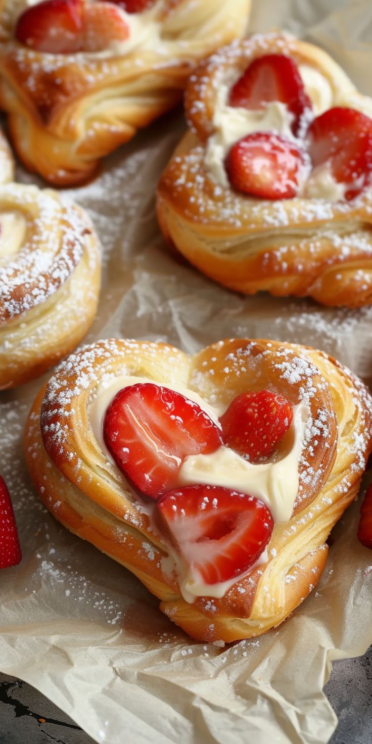 some heart shaped pastries with strawberries on top