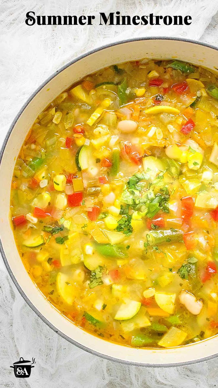 Overhead view of Summer Minestrone soup in a large white Dutch oven. Summer Minestrone, Soup Summer, Summer Soup Recipes, Best Veggies, Blue Zones Recipes, Light Soups, Summer Soup, Summer Vegetables, Cooking Soup