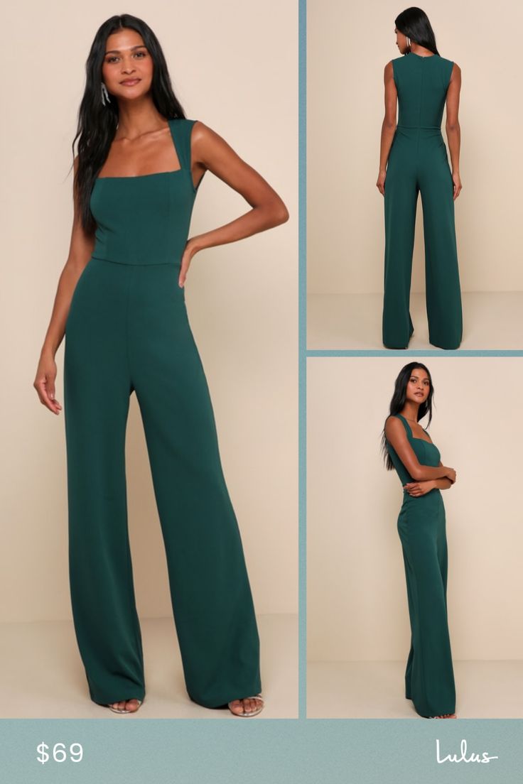 With a chic blazer, leather jacket, or coat, there's no end to how you could style the Lulus Enticing Endeavors Emerald Green Jumpsuit! This sleeveless jumpsuit is made from lightly textured crepe knit with a squared-off neckline, and seamed bodice. High-waisted pant legs fall to a classic wide cut. Hidden back zipper. Fit: This garment fits true to size. Length: Floor length. Size medium measures 61.75" from shoulder to hem. Inseam: 33.50 Front Rise: 14.25 Bust: Great for any cup size. Waist: F Chic Evening Jumpsuits And Rompers For Fall, Chic Solid Color Strapless Jumpsuit For Going Out, Chic Solid Color Party Pantsuit, Elegant Strapless Jumpsuit For Going Out In Spring, Elegant Strapless Jumpsuit For Spring Going Out, Elegant Strapless Jumpsuit For Spring Outings, Chic Fitted Strapless Jumpsuit, Elegant Sleeveless Green Pantsuit, Chic Green Jumpsuits And Rompers For Night Out