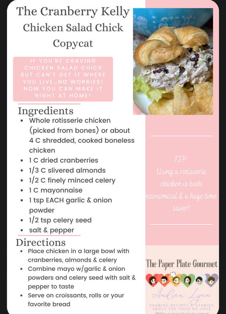 the cranberry kelly chicken salad chick copycat recipe is shown in pink and black