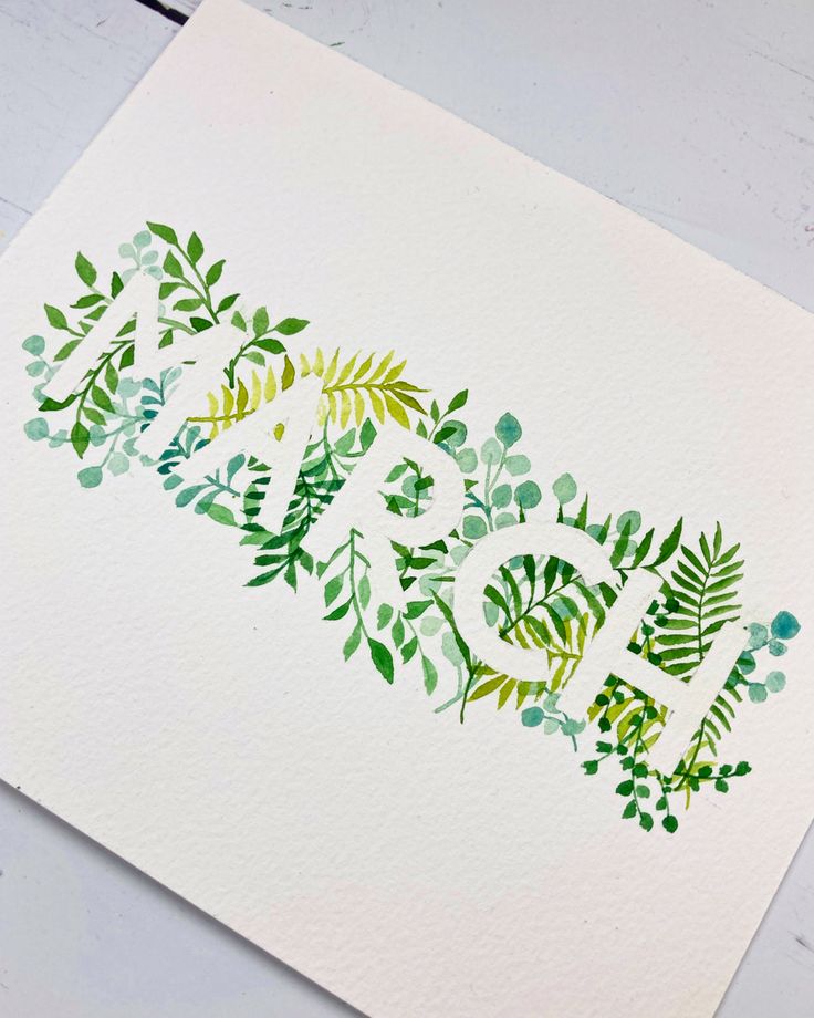 the word love is made out of watercolor leaves and branches on white paper with green lettering