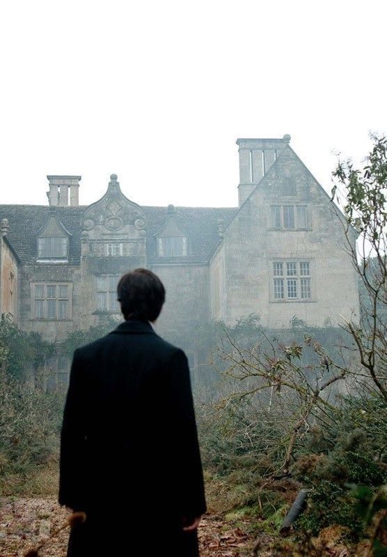 a person standing in front of an old building on a foggy day with trees and bushes