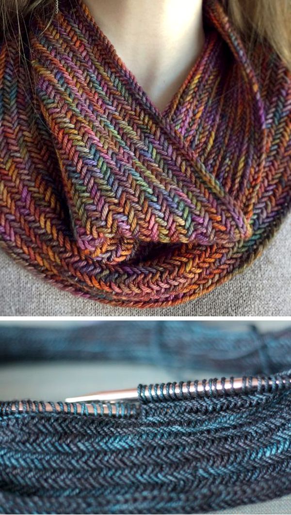 two pictures showing different types of knitted scarves