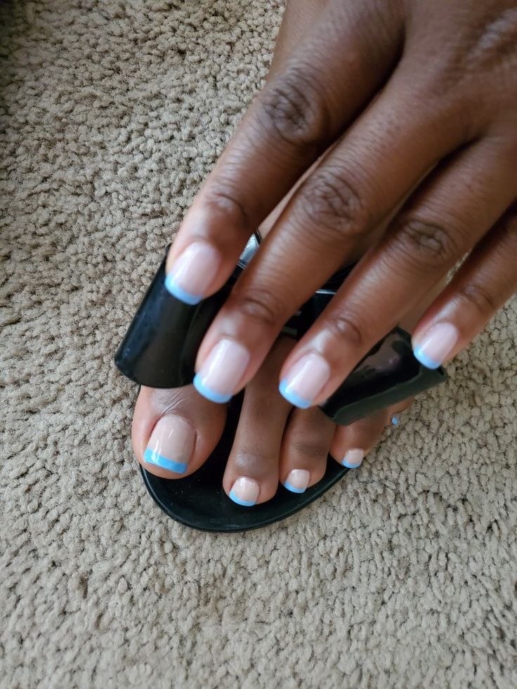 French Tips On Toes, French Tips Pedicure, Baby Blue French Tip Nails, Baby Blue French Tips, Blue Pedicure, French Tip Pedicure, French Tip Gel, Blue Toe Nails, Blue French Tip