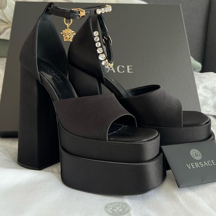 Versace Versace Medusa Aevitas Platform Sandals Brand New Size 38 Eur Designer Platform Sandals For Evening, Designer Platform Sandals For Party, Luxury Evening Sandals With Platform, Luxury Evening Platform Sandals, Luxury Block Heel Sandals For Gala, Luxury Platform Heels For Galas, Closed Toe Platform Sandals For Gala, Luxury Sandals With Round Toe For Night Out, Luxury Sandals For Night Out