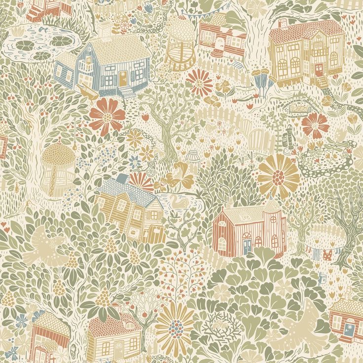 a wallpaper with houses and trees on it