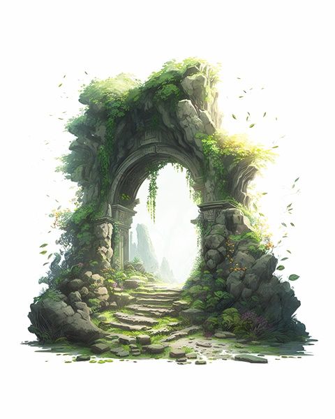 an artistic painting of a stone arch in the middle of a forest with moss growing on it