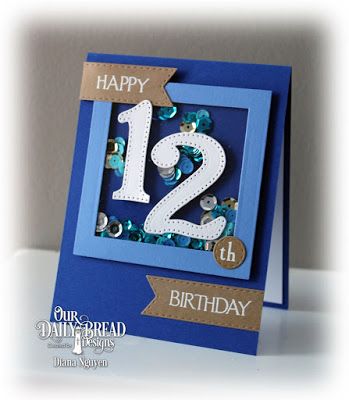 a blue birthday card with the number twelve on it, and some sequins