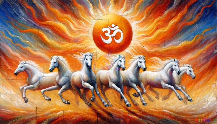 four white horses running in front of an orange ball with the om sign on it