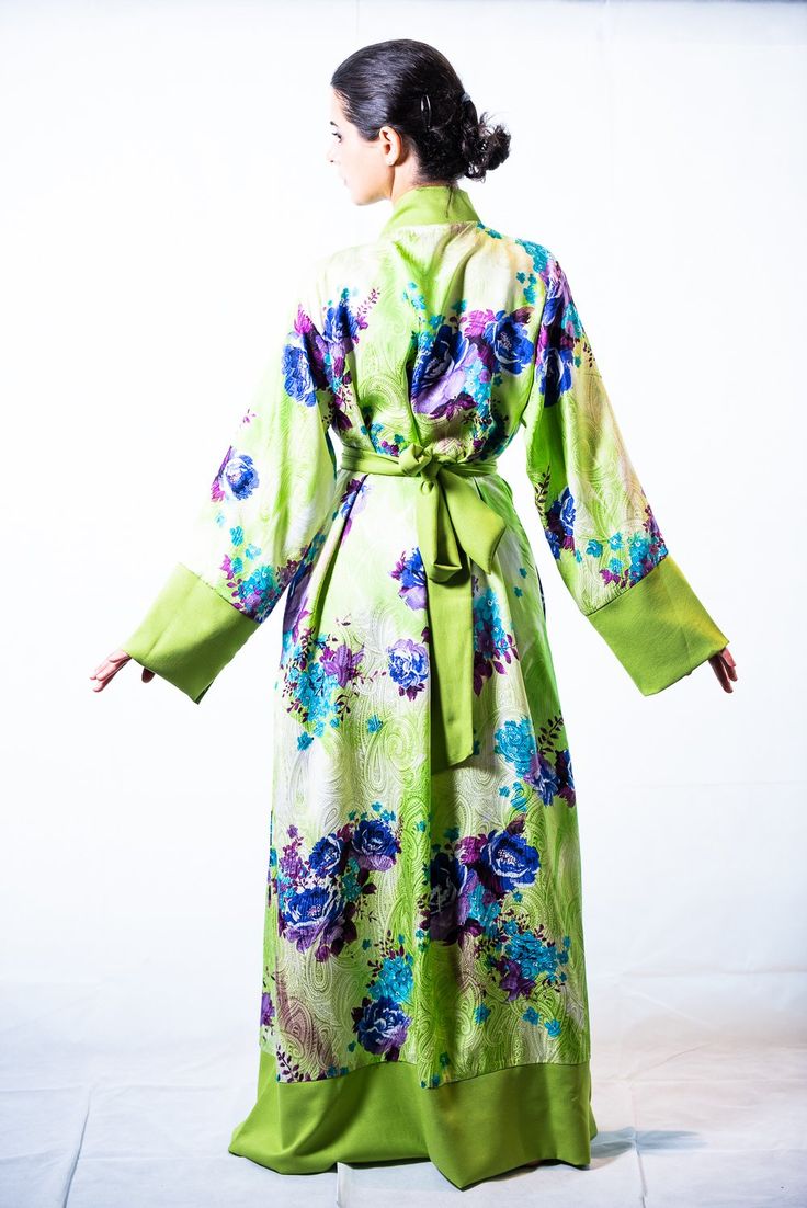 spring silk loungewear Green Silk V-neck Kimono, Elegant Green Dress With Kimono Sleeves, Green Kimono Sleeve Dress For Spring, Elegant Green Wrap Kimono, Spring Silk Robe With Open Front, Spring Silk Robe With V-neck, Green Dress With Floral Print And Kimono Sleeves, Spring Silk V-neck Robe, Spring Wedding Green Kimono