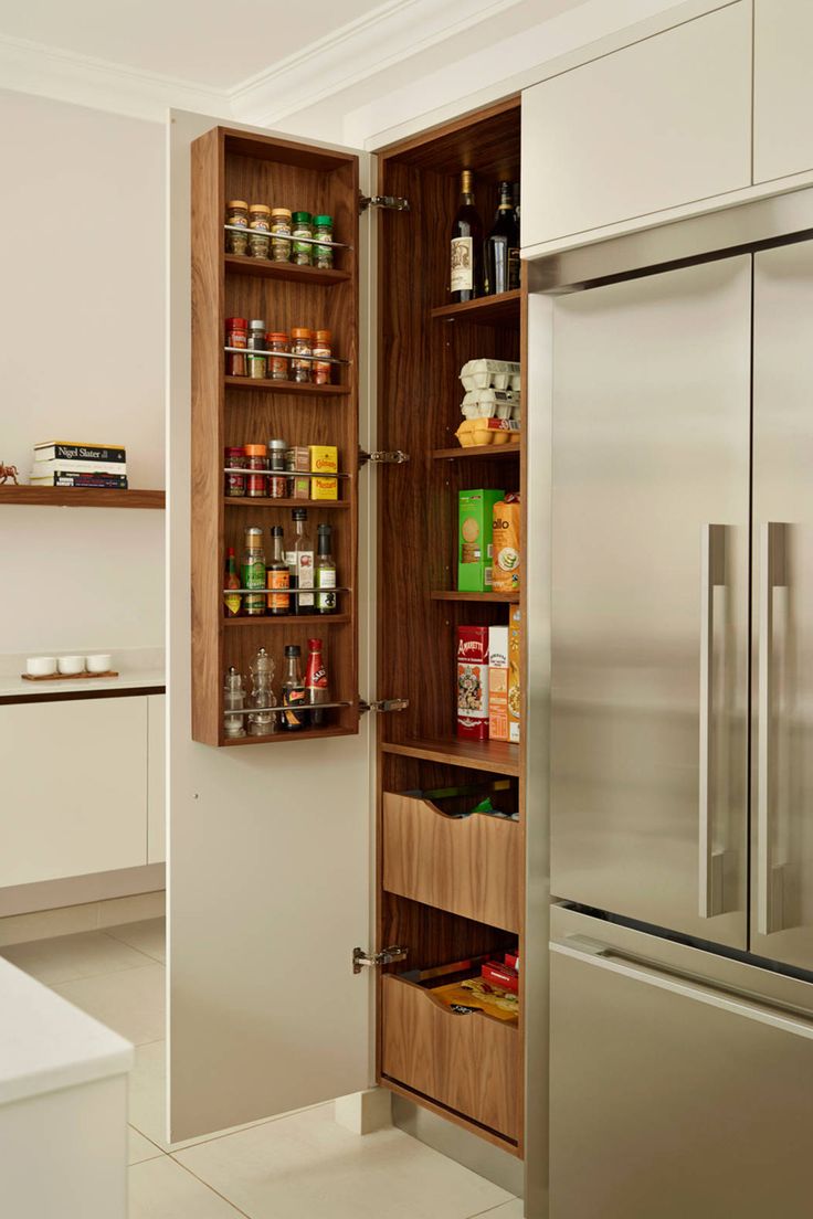 a stainless steel refrigerator freezer sitting inside of a kitchen next to a white counter top