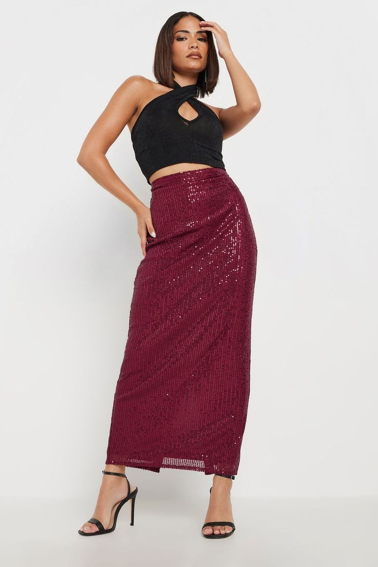 Make a show-stopping entrance with this sequin maxi skirt from PixieGirl. Made from a comfortable woven fabric, it features a back seam slit and is completed at a maxi length with a sequin embellishment throughout. Team with a halter neck top and heels for a look that will take you through the night Sequin Maxi Skirt, Maxi Sequin Skirt, Work Wear Outfits, Sequin Embellishment, Skirt Maxi, Sequin Maxi, Red Sequin, Halter Neck Top, Newborn Dresses