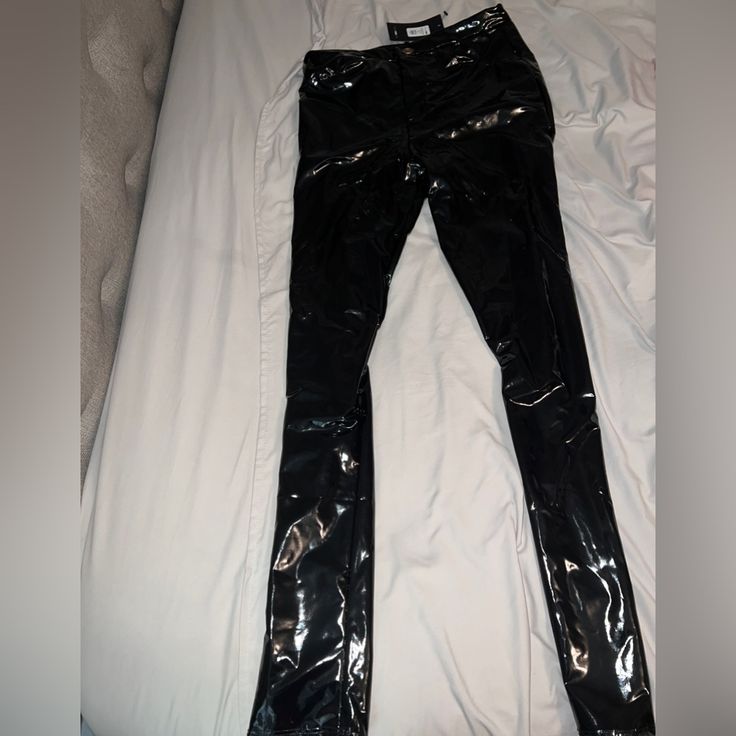 Never Worn. Great Condition. Trendy Shiny Black Bottoms, Chic Shiny Black Bottoms, Chic Fitted Shiny Black Bottoms, Chic Shiny Black Party Bottoms, High Rise Black Party Pants, Vinyl Pants, Glitter Pants, Olive Green Jeans, Brown Leather Pants