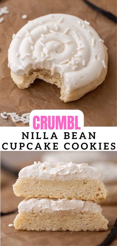 two pictures of cookies with frosting on them and the words crumbl written in white