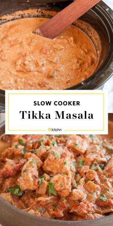 slow cooker tikka masala in a pot with text overlay that reads slow cooker tikka masala