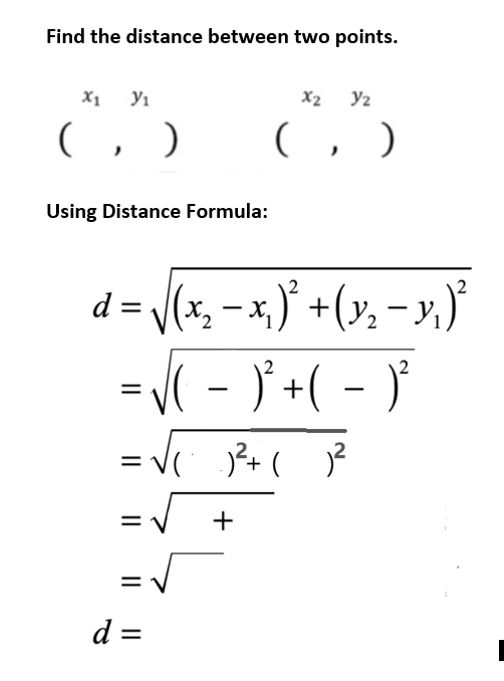 the formula for finding distance between two points is shown in this worksheet, which shows