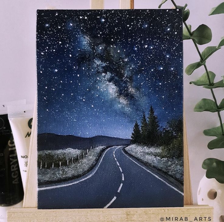 a painting of a road with stars in the sky