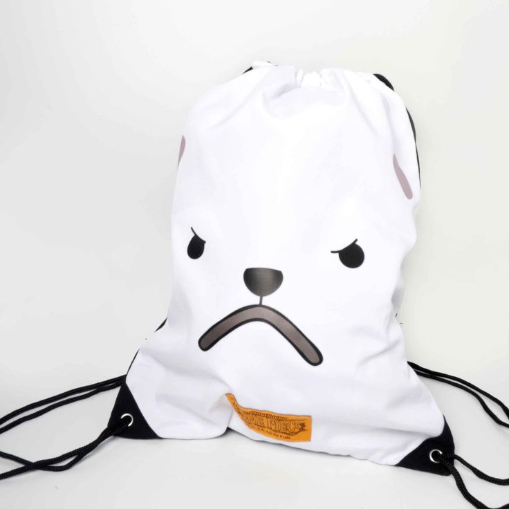 a white bag with an angry face drawn on it's front and back sides