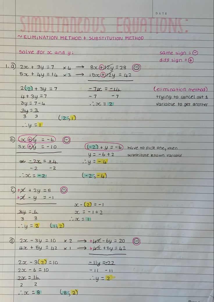 a piece of paper with writing on it that says simultaneous equitations and subtractions