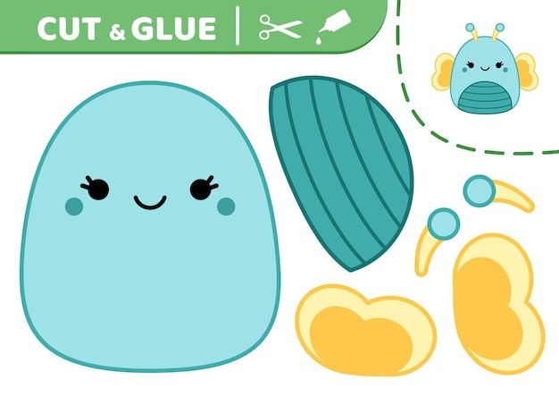 the cut and glue design features an image of a blue object with eyes, nose, mouth