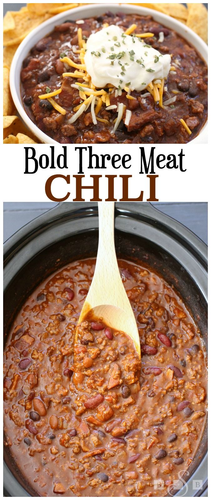 two pictures showing different types of chili in a crock pot with the words, bold three meat chili