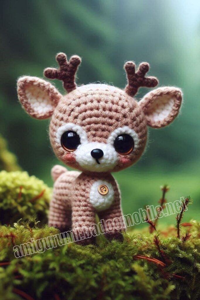 a small crocheted deer sitting on top of a moss covered ground with eyes wide open