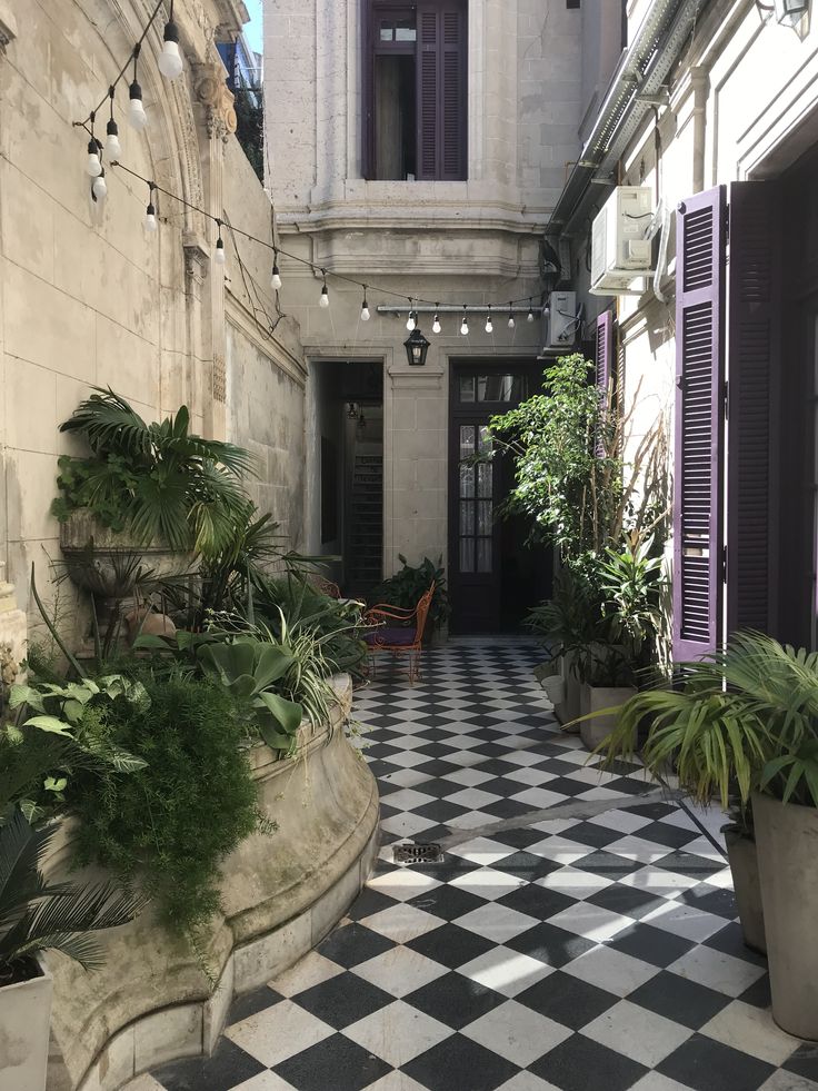 an indoor courtyard with black and white checkered flooring, potted plants and lights