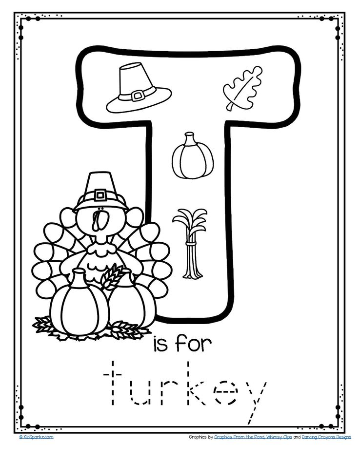 the letter t is for turkey coloring page with an image of a turkey and pilgrim hat