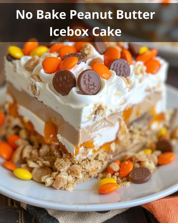 no bake peanut butter icebox cake on a white plate with candy candies