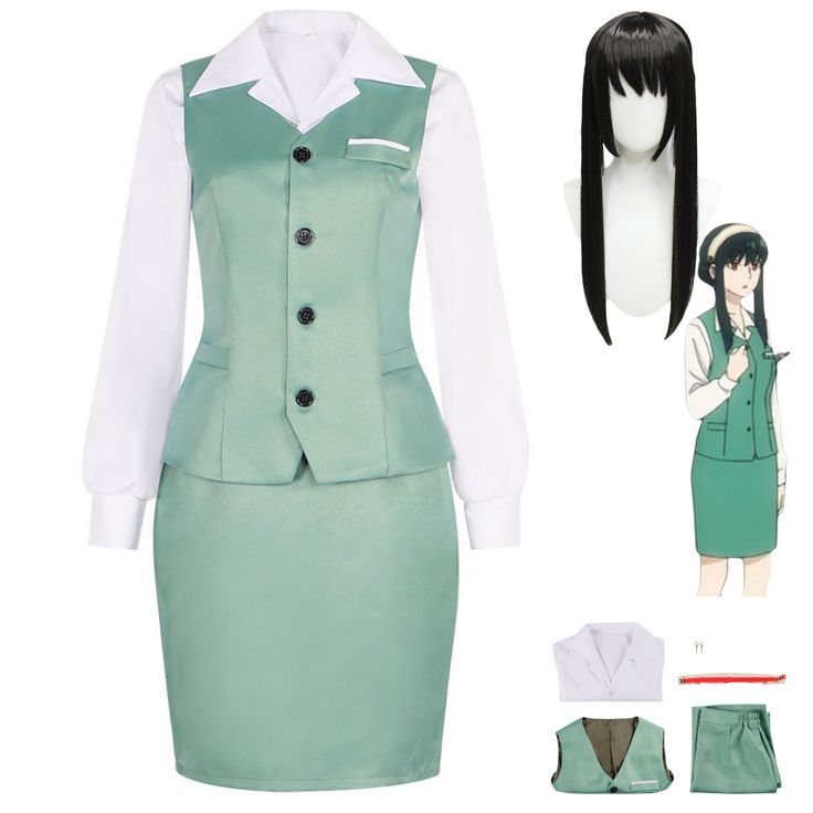 Anime SPY×FAMILY Yor Forger Yor Briar Cosplay Costume Thorn Princess Wig Green Work Uniform Skirt Spy X Family Yor Forger Dress, Anya Forger Yor Dress, Yor Spy X Family Costume, Spy Family Yor Forger, Spy Family Yor, Thorn Princess, Anime Spy Family, Yor Briar, Uniform Skirt