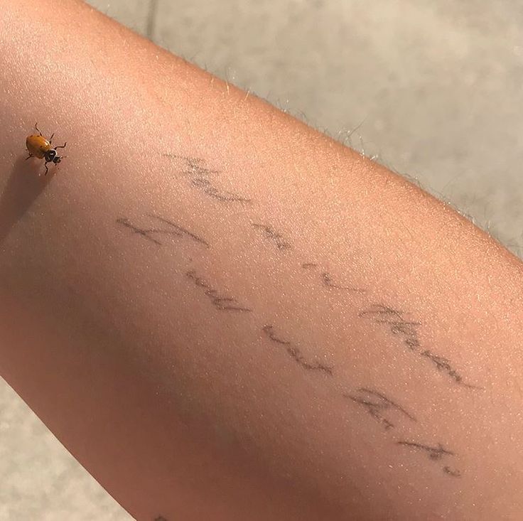 a ladybug sitting on the arm of a woman with writing on her arm