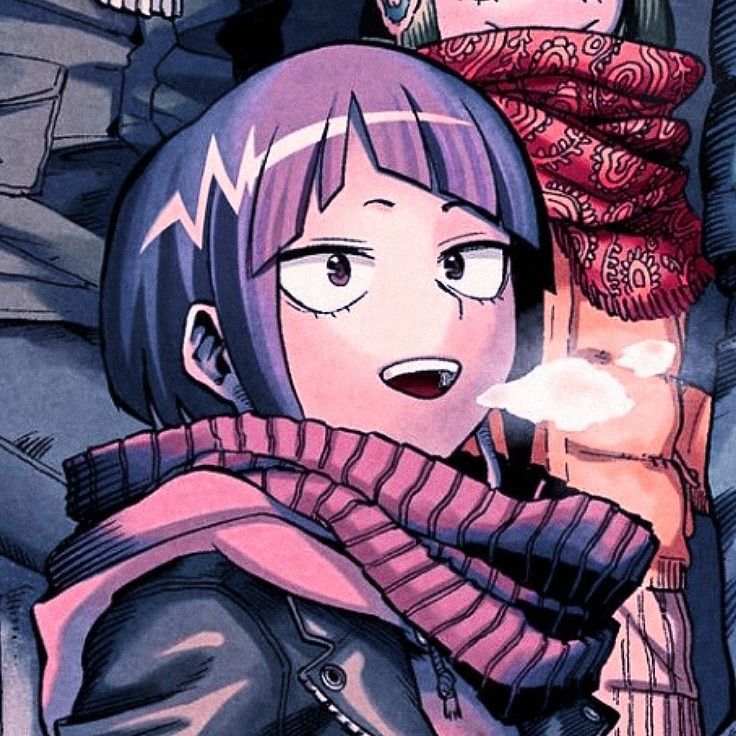 an anime character with purple hair and scarf