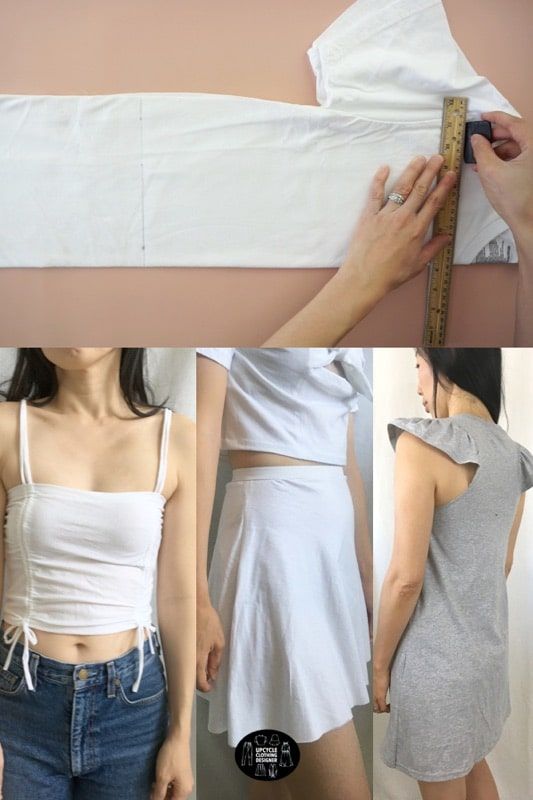 the woman is measuring her waist with a tape and wearing a white tank top that has an asymmetrically shaped neckline