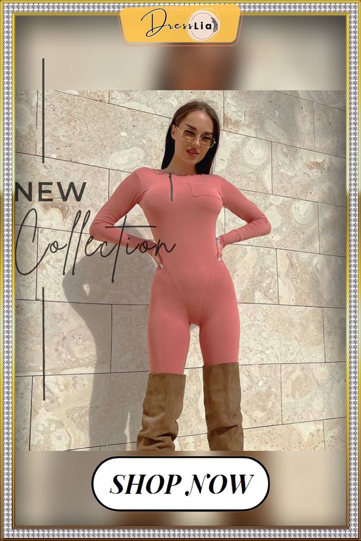 Sportswear Long Sleeve with Pocket Skinny Jumpsuit Trendy High-stretch Sports Bodysuit, Trendy High Stretch Bodysuit For Sports, Trendy High-stretch Bodysuit For Sports, High Stretch Sportswear Bodysuit For Loungewear, High Stretch Casual Pink Bodysuit, Sporty Loungewear Jumpsuits And Rompers For Fall, Casual Long Sleeve Jumpsuits For Gym, Sporty Bodysuit For Spring Loungewear, High Stretch Pink Casual Bodysuit